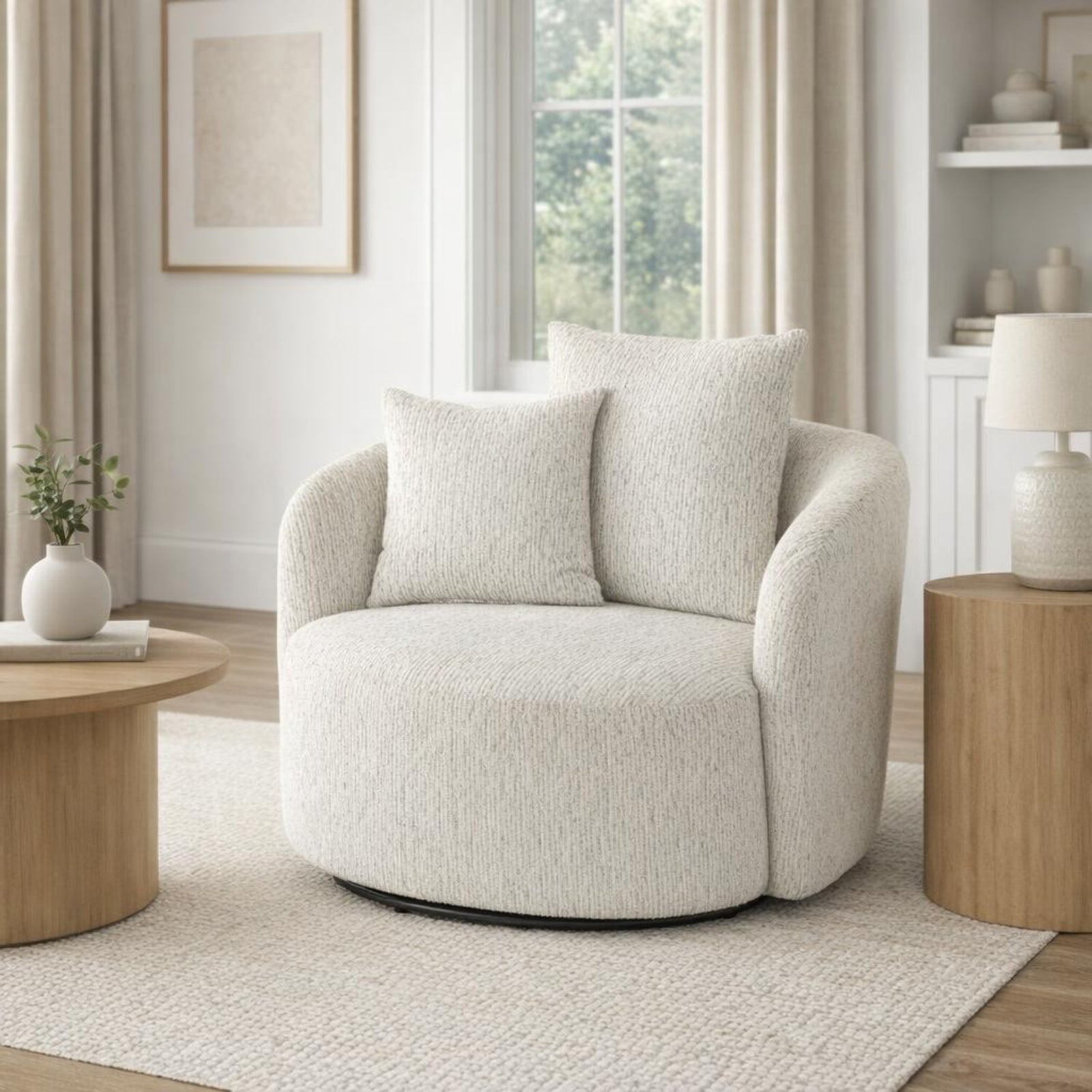 Sorelle boucle swivel accent chair styled in a neutral modern lounge with a floor lamp and decorative side table