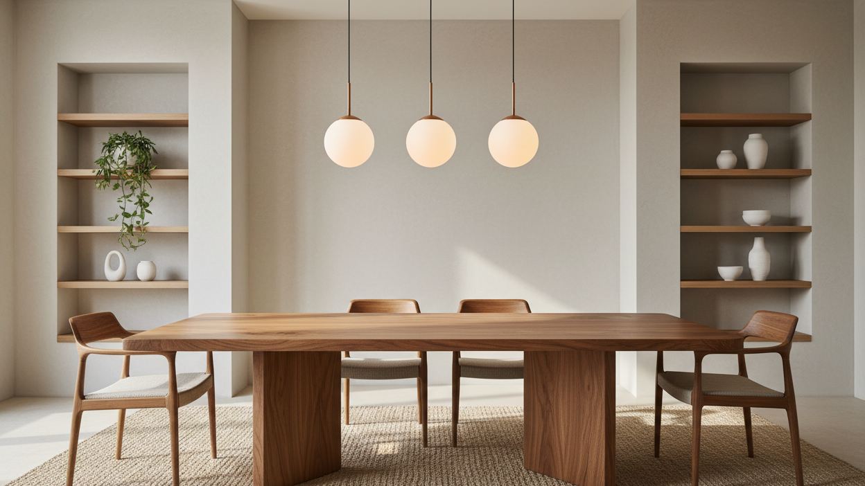 A modern dining room scene featuring a rectangular wooden dining table with four matching wooden chairs, three spherical pendant lights hanging above, and built-in shelving on both sides.