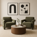 Mid century living room featuring the Willow round walnut coffee table placed on a neutral rug