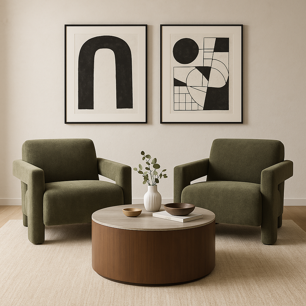 Mid century living room featuring the Willow round walnut coffee table placed on a neutral rug
