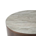 lose up view of tobacco walnut veneer grain and grey marble effect glass surface