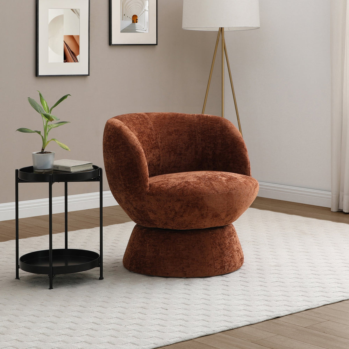 Tulip swivel chair in rust brown fabric styled in a modern living room setting   