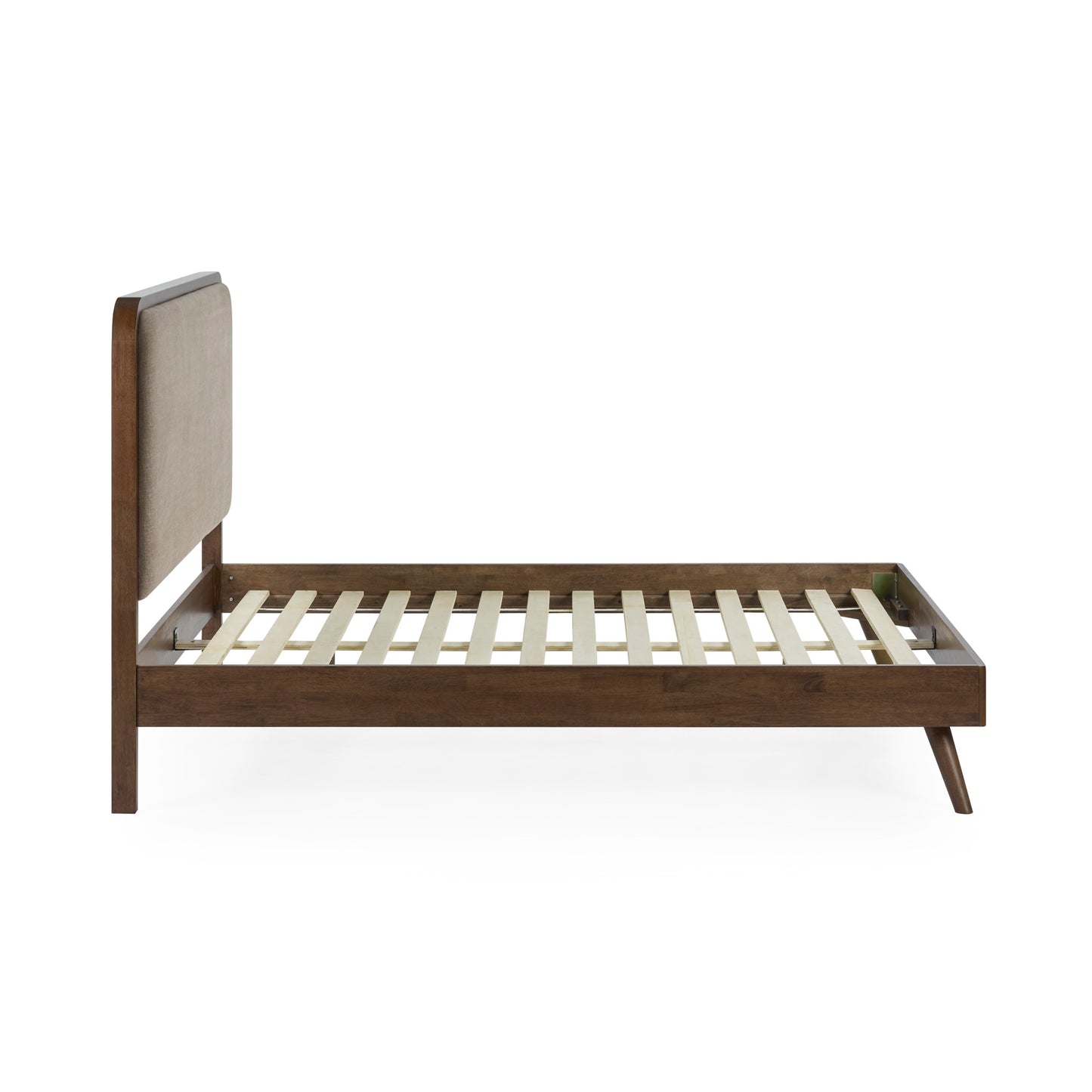 Side view showing the low-profile side rails, slatted mattress base, and headboard height of the Walden bed