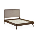 Perspective view showing the empty walnut-toned hardwood frame and sprung slatted base of the Walden bed frame