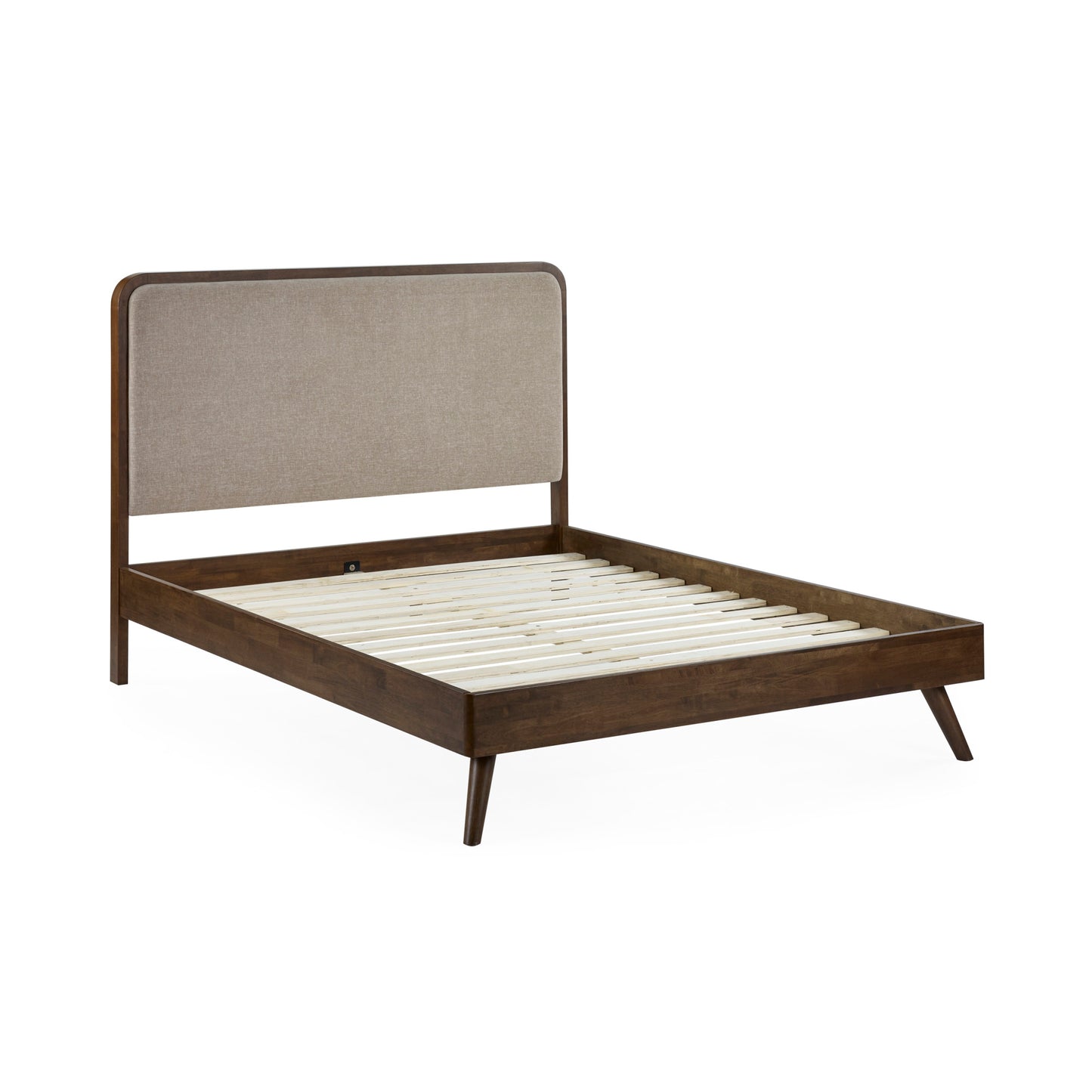 Perspective view showing the empty walnut-toned hardwood frame and sprung slatted base of the Walden bed frame