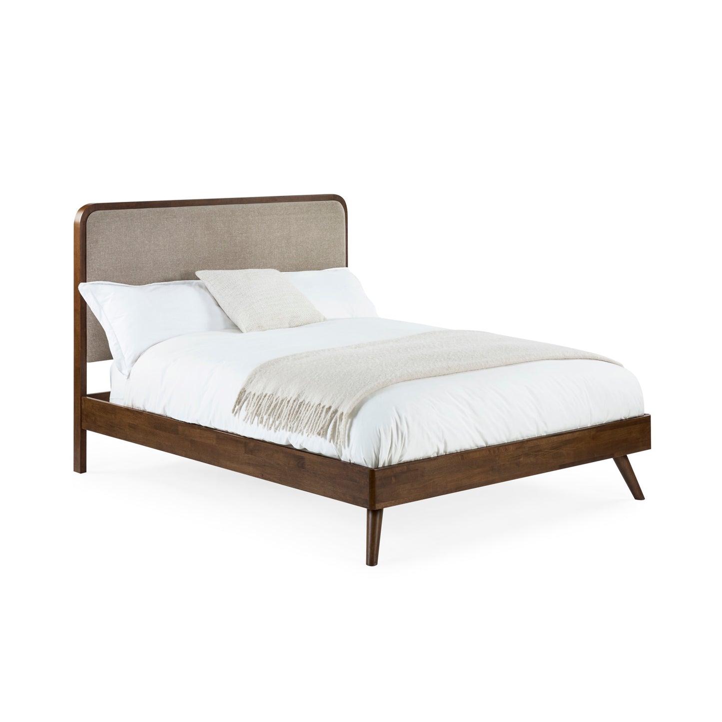 Perspective view displaying the Walden wooden bed frame dressed with white bedding and a cream throw blanket