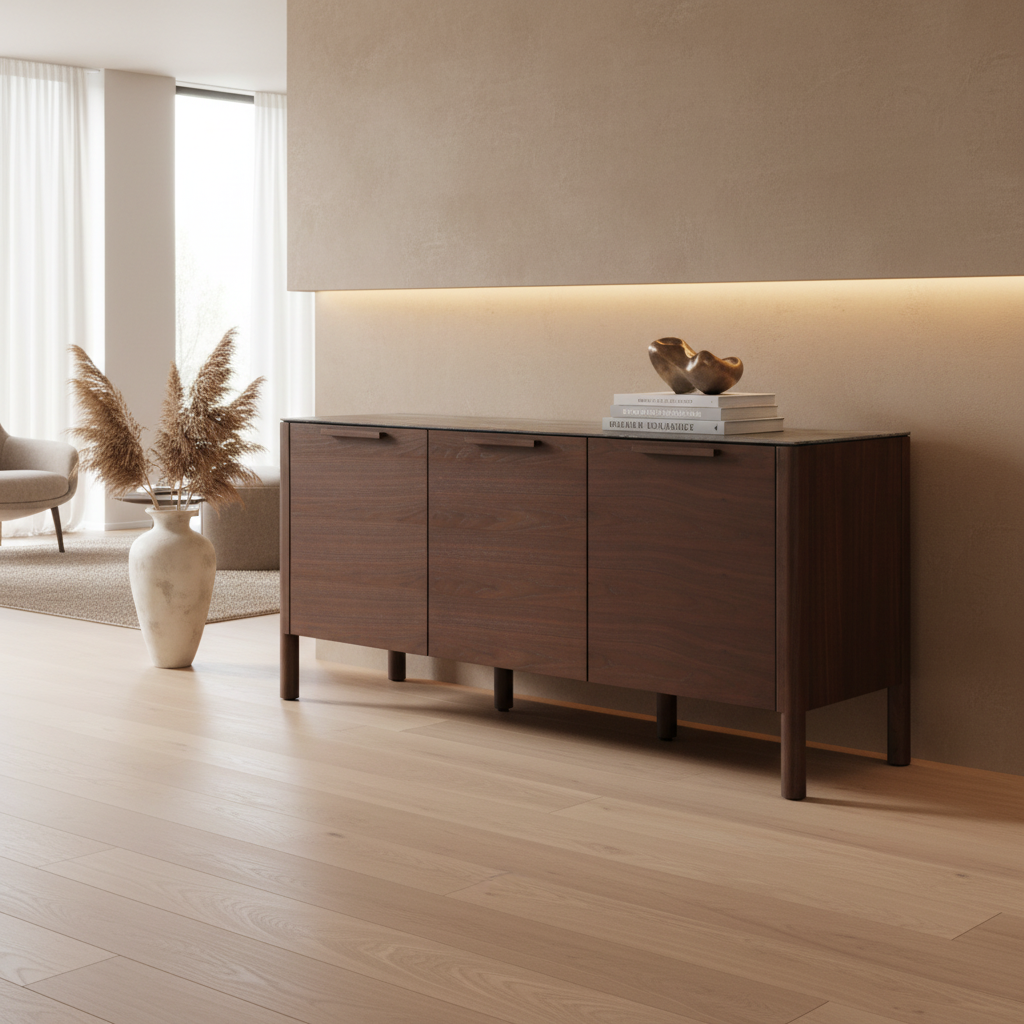 Willow walnut sideboard in living area setting with decors