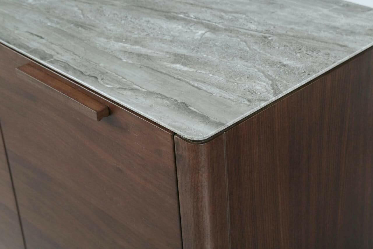 Willow Tobacco Walnut and Marbled Glass Sideboard  featuring storage with walnut wood and marbled glass accents.