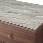 Close-up of the marbled glass surface top and warm wood grain finish on the Willow 3-drawer chest