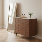 Contemporary tobacco Willow walnut bedroom chest featuring three soft-close drawers and slender black cylindrical legs