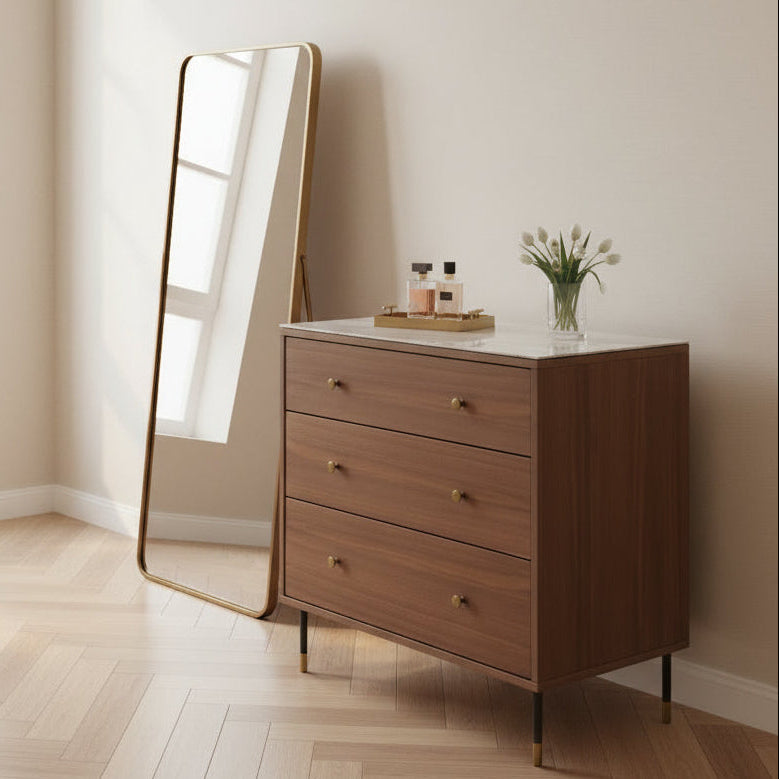 Contemporary tobacco Willow walnut bedroom chest featuring three soft-close drawers and slender black cylindrical legs