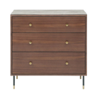 The Willow 3-drawer chest in rich tobacco walnut veneer with a marbled glass top surface
