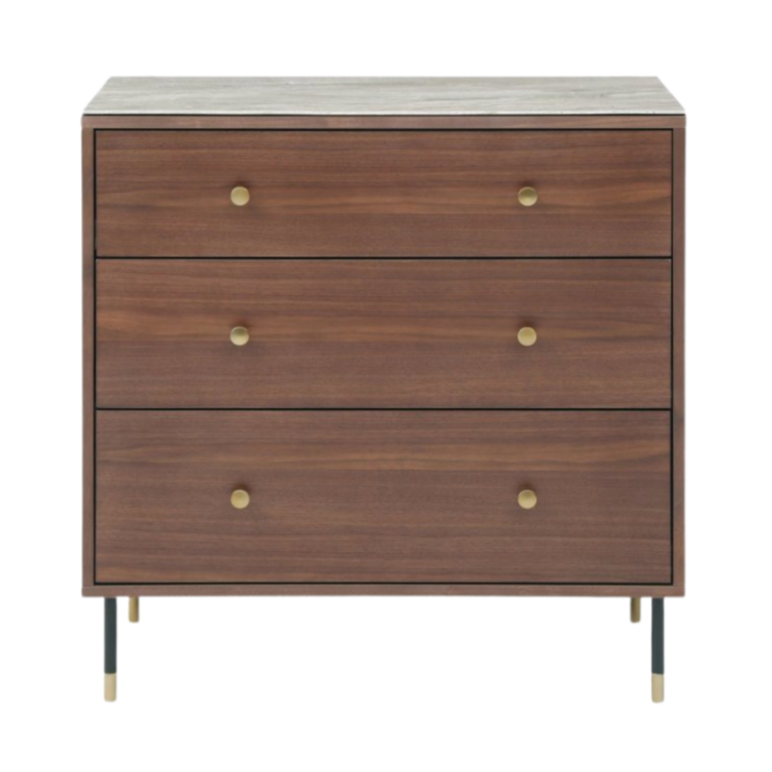 The Willow 3-drawer chest in rich tobacco walnut veneer with a marbled glass top surface