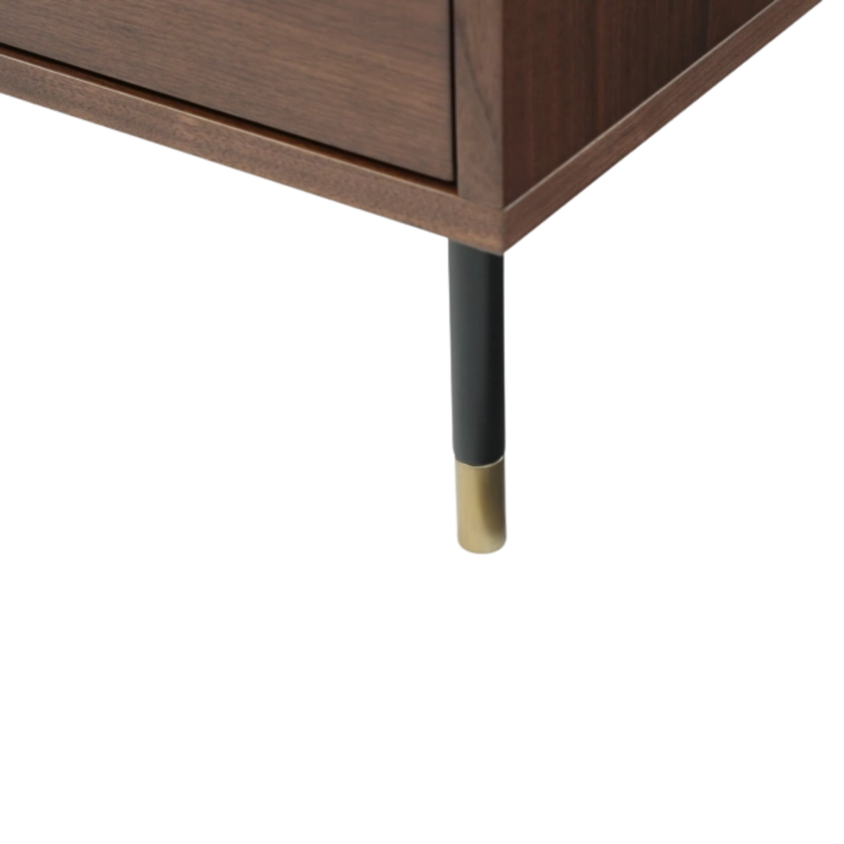 Sleek black leg with gold tip of Willow tobacco walnut 3-drawer-chest