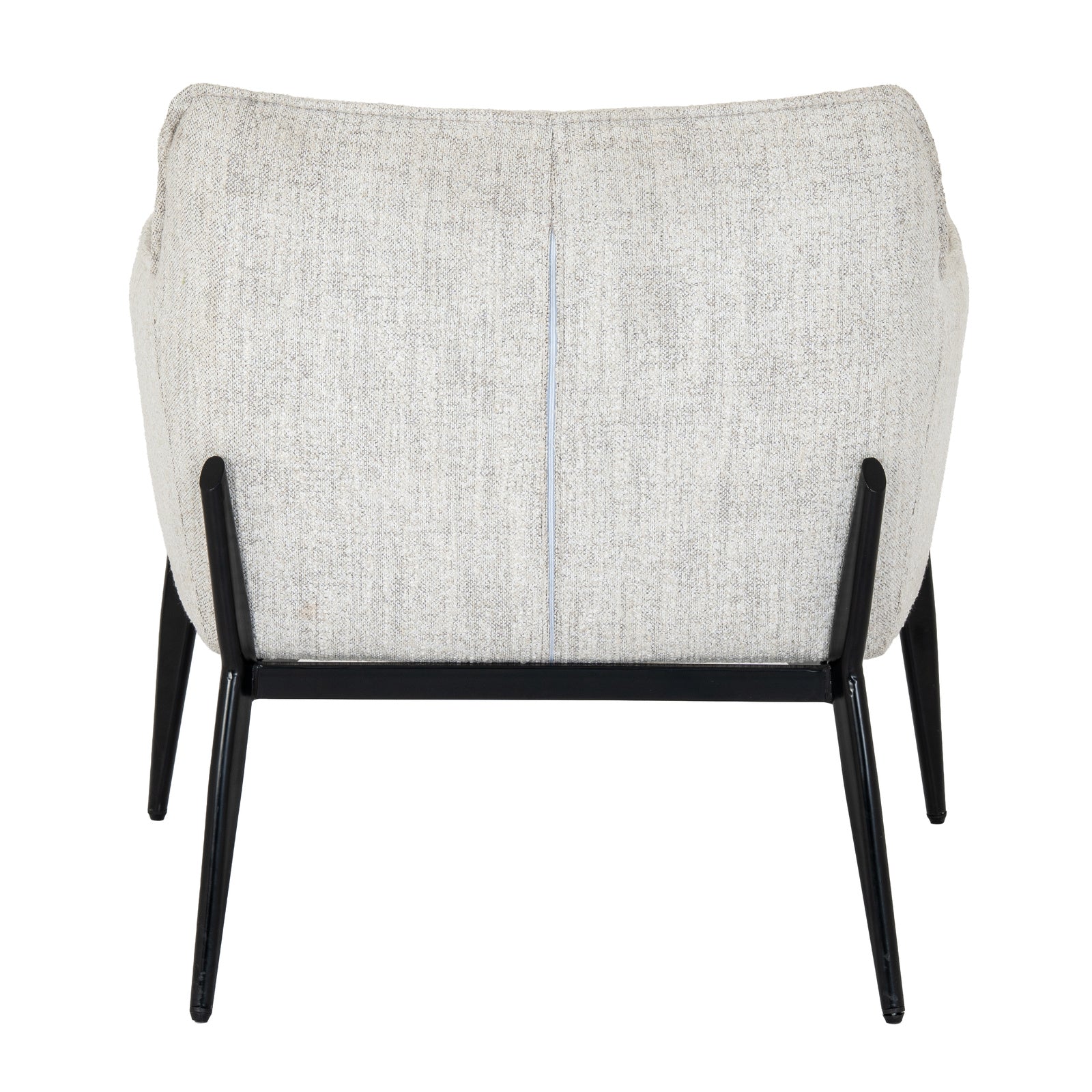 Rear view showing the architectural black frame cradling the neutral upholstered shell of the Zephra Chair.